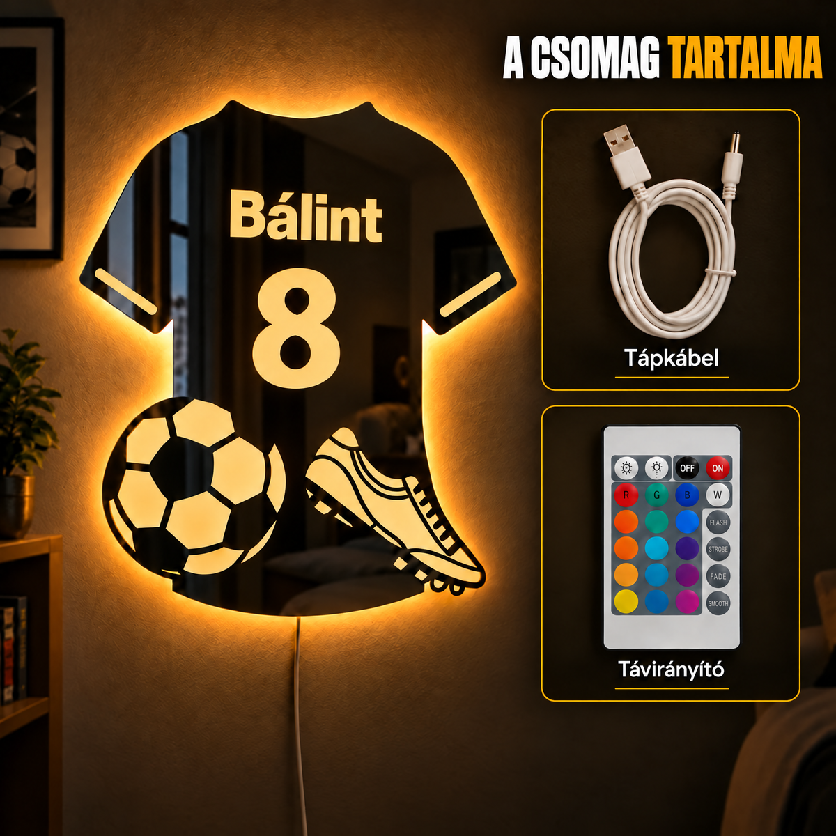 A csomag tartalma: tápkábel és távirányító